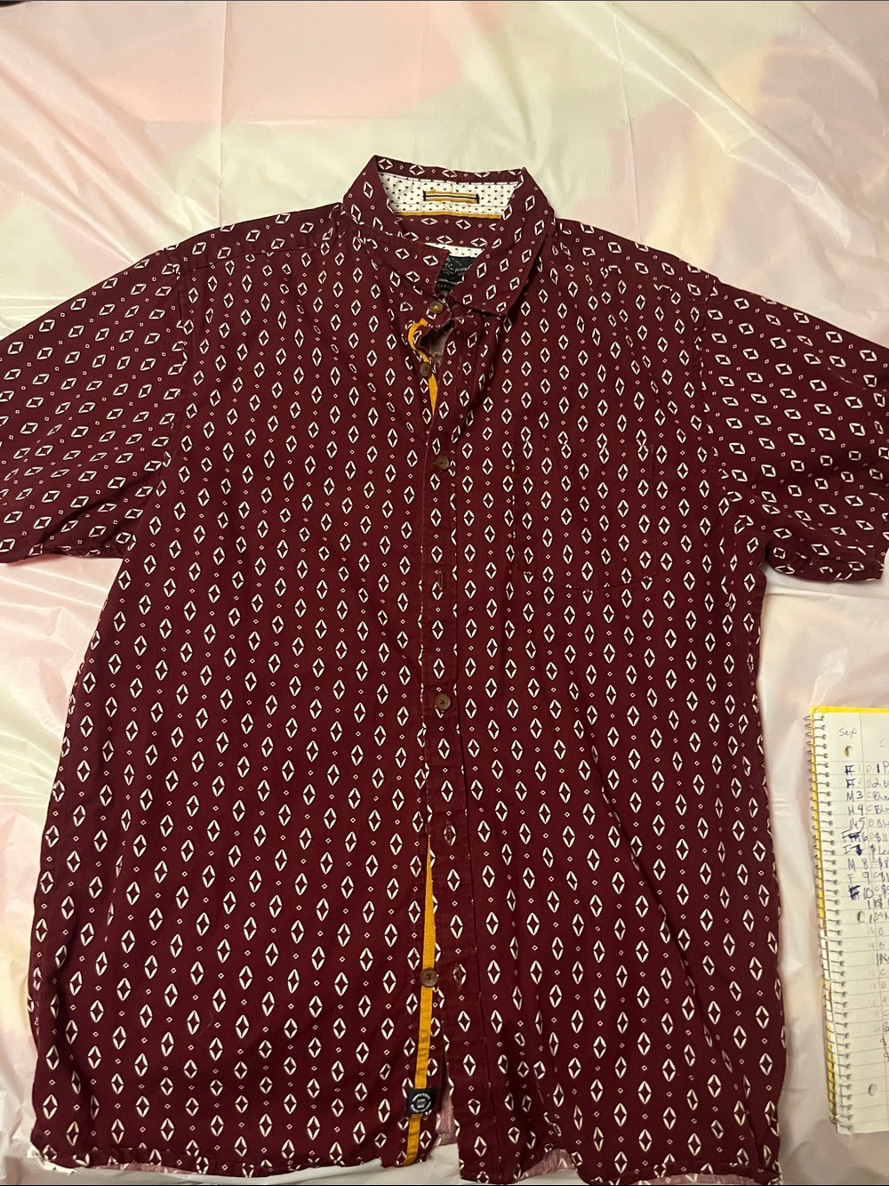 Men's Maroon Short-Sleeve Button-Down Shirt with White Diamond Print